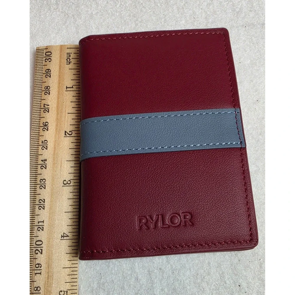 Rylor Leather Bifold Card Holder Wallet Burgundy Red Blue Stripe Minimalist New